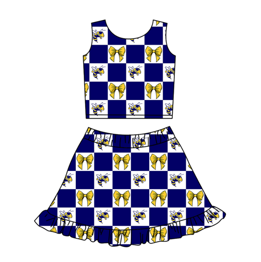 Preorder (moq 5)Baby Girls Hornets Bows Checked Vest Ruffle Skirt Short Team Clothes Set