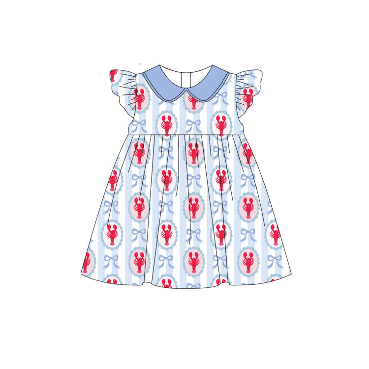 Preorder (moq 5)Baby Girls Bows Crayfishes Stripe Collar Knee Length Dresses