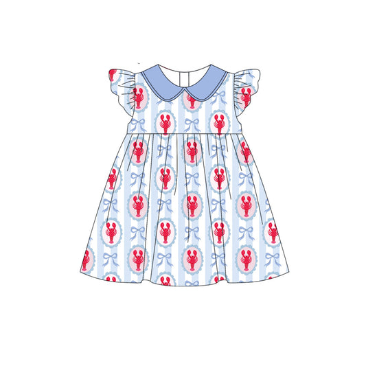 Preorder (moq 5)Baby Girls Bows Crayfishes Stripe Collar Knee Length Dresses