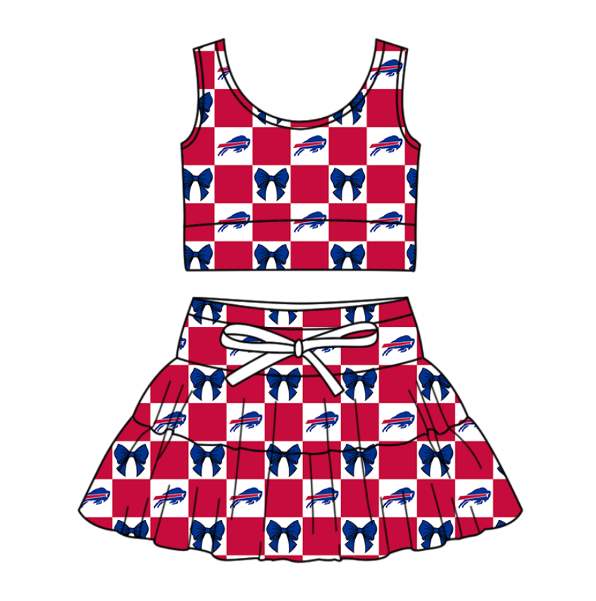 Preorder (moq 5)Baby Girls Blue Bulls Bows Checked Vest Top Skirt Short Team Clothes Sets