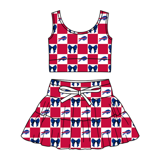 Preorder (moq 5)Baby Girls Blue Bulls Bows Checked Vest Top Skirt Short Team Clothes Sets