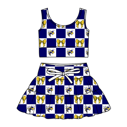 Preorder (moq 5)Baby Girls Hornets Bows Checked Vests Skirt Short Team Clothes Set