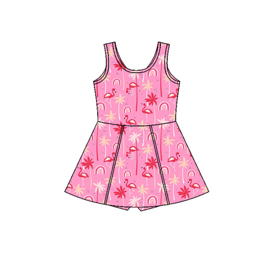 Preorder (moq 5)Baby Girls Sleeveless Rainbow Flamingos Shorts Knee Length Dresses