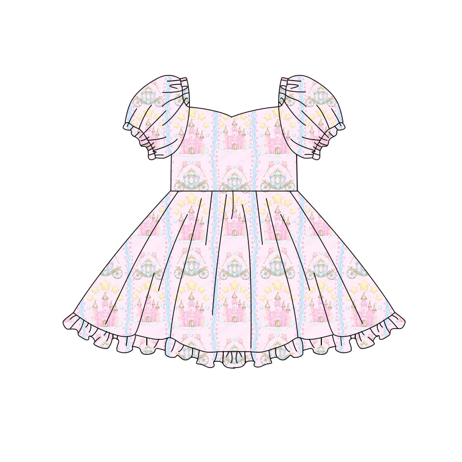 Preorder (moq 5)Baby Girls Short Sleeve Castles Princesses Ruffle Knee Length Dresses
