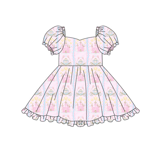 Preorder (moq 5)Baby Girls Short Sleeve Castles Princesses Ruffle Knee Length Dresses
