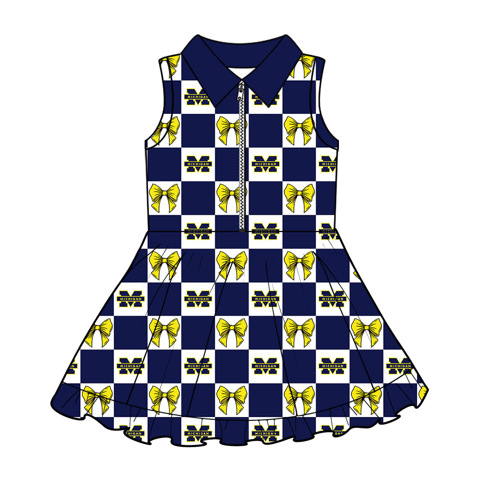 Preorder (moq 5)Baby Girls Bows Michigan Checked Zipper Short Team Knee Length Dresses