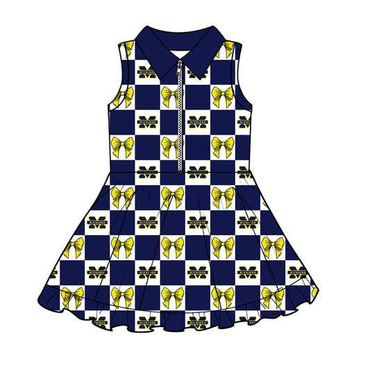 Preorder (moq 5)Baby Girls Bows Michigan Checked Zipper Short Team Knee Length Dresses