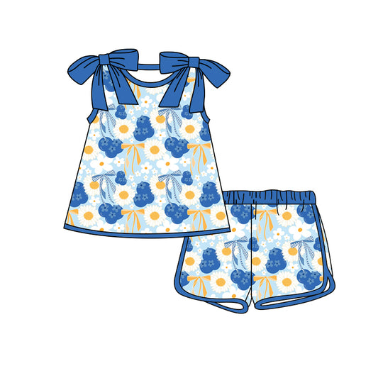 Preorder (moq 5)Baby Girls Bows Sleeveless Daisy Flowers Blueberry Top Shorts Clothes Sets