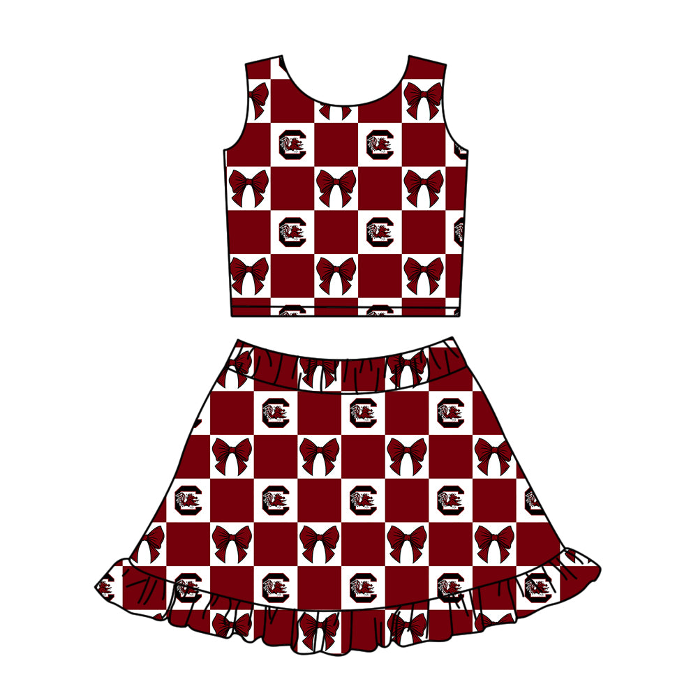 Preorder (moq 5)Baby Girls Red C Bull Bows Checked Vests Ruffle Skirt Short Team Clothes Sets