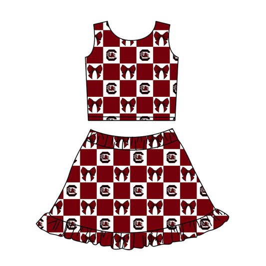 Preorder (moq 5)Baby Girls Red C Bull Bows Checked Vests Ruffle Skirt Short Team Clothes Sets