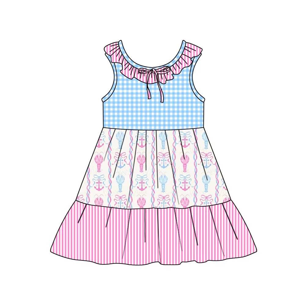 Preorder (moq 5)Baby Girls Collar Bows Crayfishes Checked Stripe Patchwork Knee Length Dresses