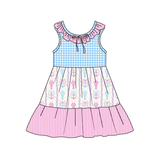 Preorder (moq 5)Baby Girls Collar Bows Crayfishes Checked Stripe Patchwork Knee Length Dresses