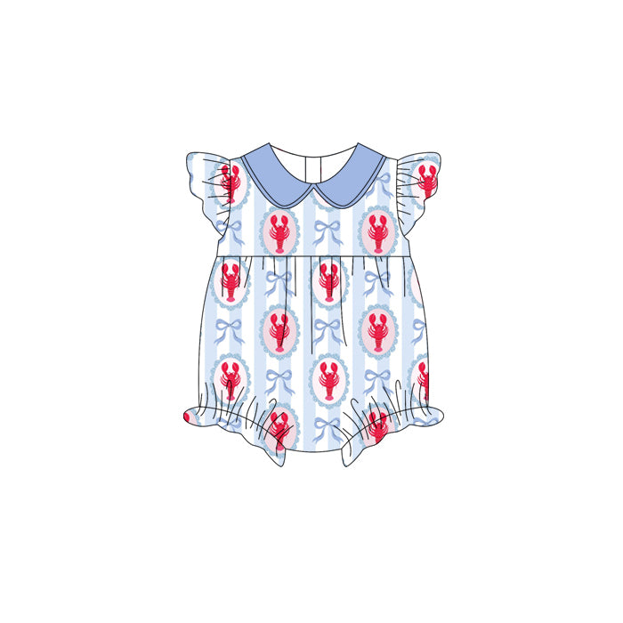 preorder(moq 5) Baby Girls Flutter Sleeve Bows Crayfishes Stripe Collar Ruffle Rompers