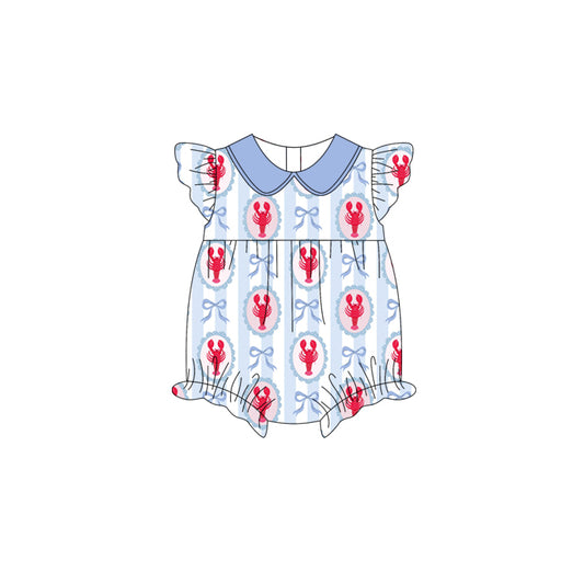 preorder(moq 5) Baby Girls Flutter Sleeve Bows Crayfishes Stripe Collar Ruffle Rompers