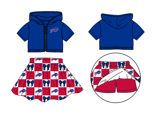 Preorder (moq 5)Baby Girls Blue Bulls Bows Zip Hoodie Jackets Skirt Short Team Clothes Sets