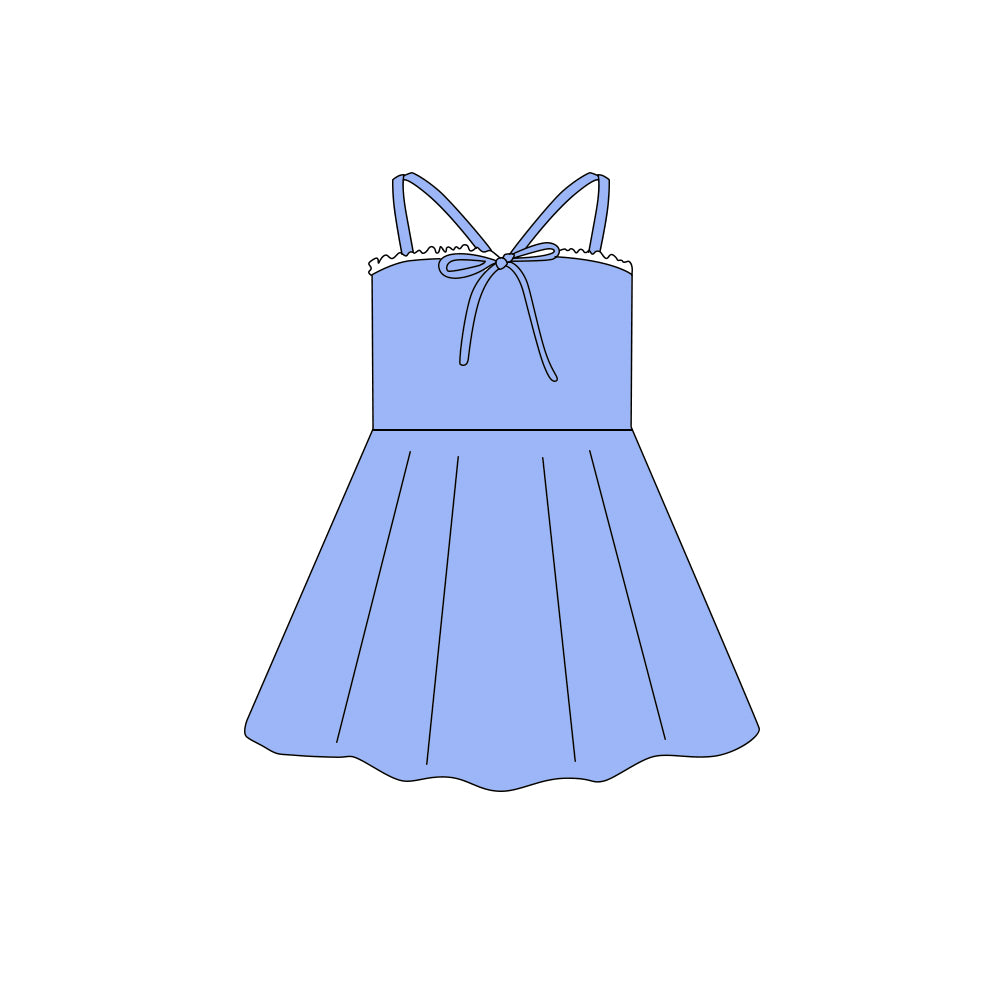 Preorder (moq 5)Baby Girls Strap Hot Blue Bow Top Knee Length Dresses