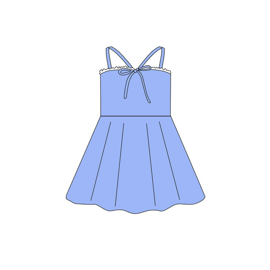 Preorder (moq 5)Baby Girls Strap Hot Blue Bow Top Knee Length Dresses