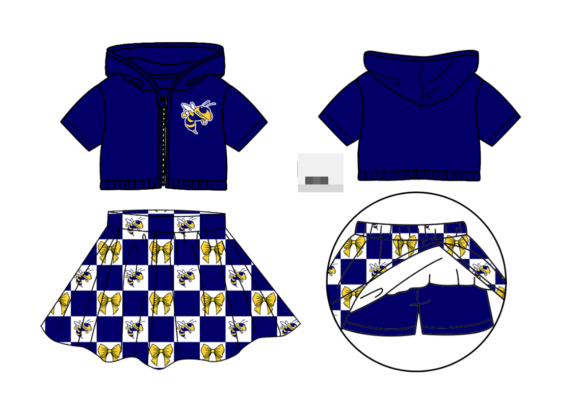 Preorder (moq 5)Baby Girls Hornets Bows Zip Hoodie Jackets Skirt Short Team Clothes Sets