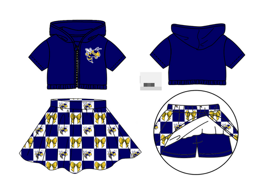 Preorder (moq 5)Baby Girls Hornets Bows Zip Hoodie Jackets Skirt Short Team Clothes Sets