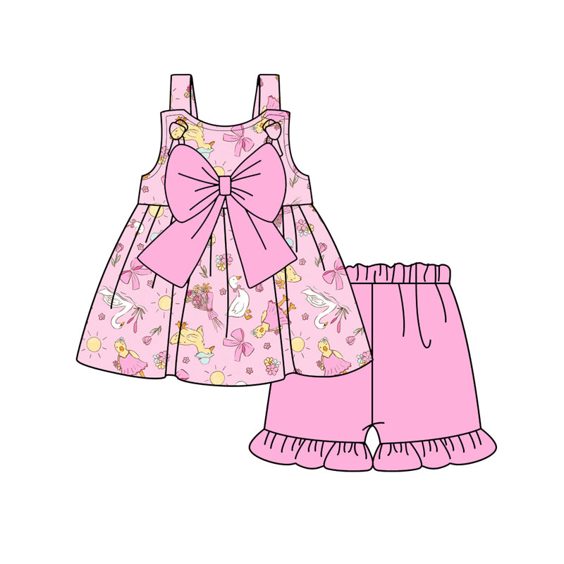 Preorder (moq 5)Baby Girls Pink Strap Flowers Gooses Tunic Ruffle Shorts Clothes Set