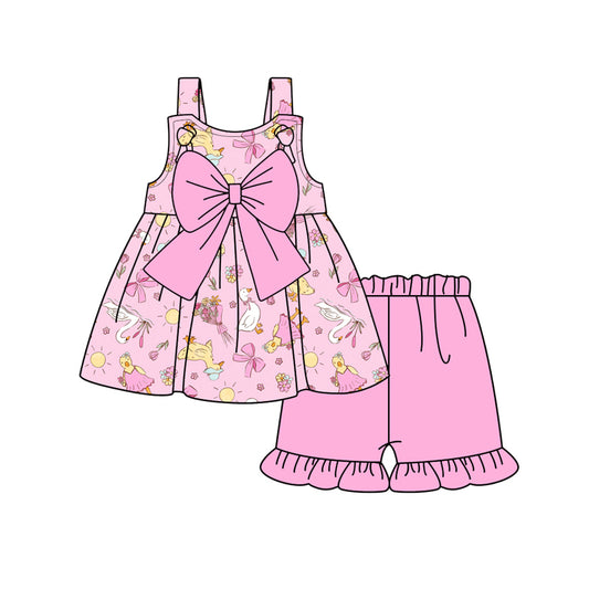 Preorder (moq 5)Baby Girls Pink Strap Flowers Gooses Tunic Ruffle Shorts Clothes Set