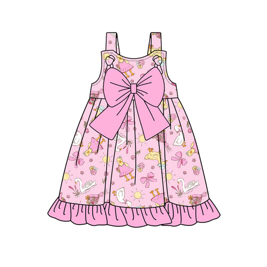 Preorder (moq 5)Baby Girls Pink Strap Flowers Gooses Ruffle Knee Length Dresses