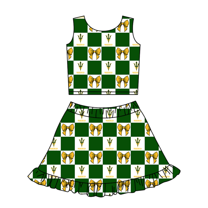 Preorder (moq 5)Baby Girls Daredevil Bows Checked Vest Ruffle Skirt Short Team Clothes Sets