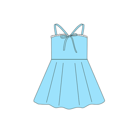 Preorder (moq 5)Baby Girls Strap Blue Bow Top Knee Length Dresses