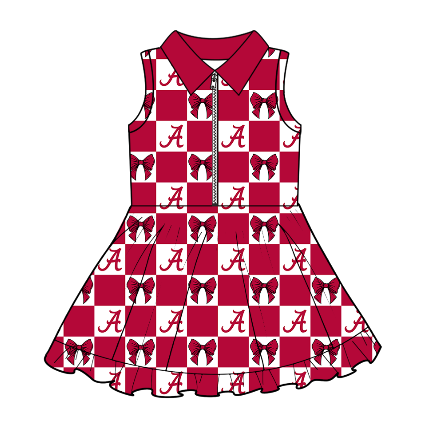 Preorder (moq 5)Baby Girls Red A Bows Checked Vest Zipper Short Team Knee Length Dress