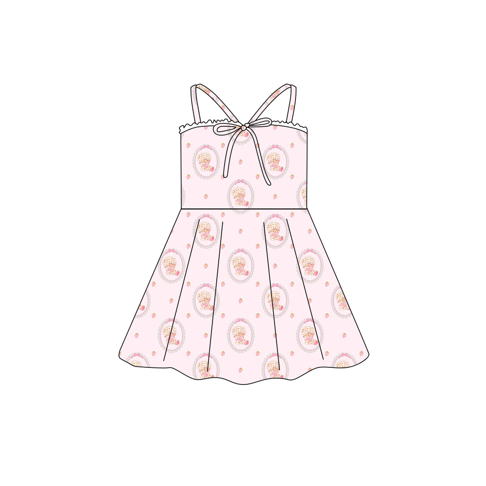 Preorder (moq 5)Baby Girls Strap Pink Strawberry Bow Top Knee Length Dresses