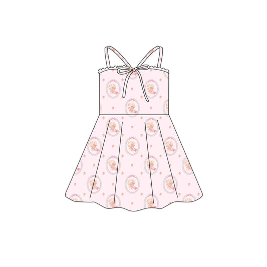 Preorder (moq 5)Baby Girls Strap Pink Strawberry Bow Top Knee Length Dresses