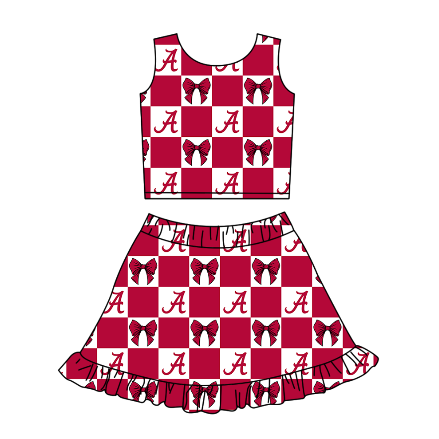 Preorder (moq 5)Baby Girls Red A Bows Checked Vest Ruffle Skirt Short Team Clothes Sets