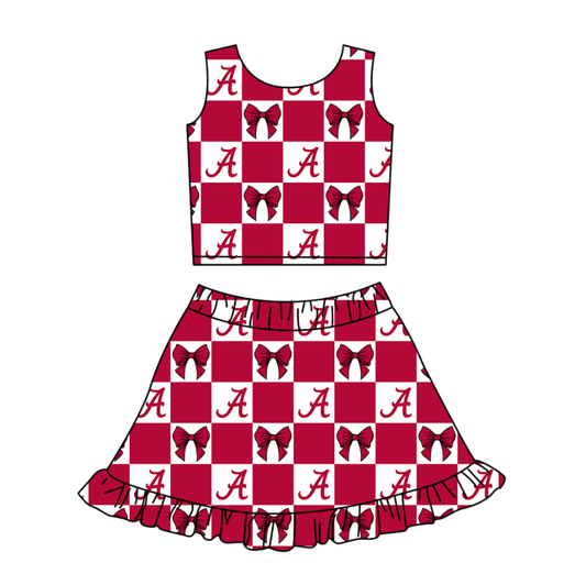 Preorder (moq 5)Baby Girls Red A Bows Checked Vest Ruffle Skirt Short Team Clothes Sets