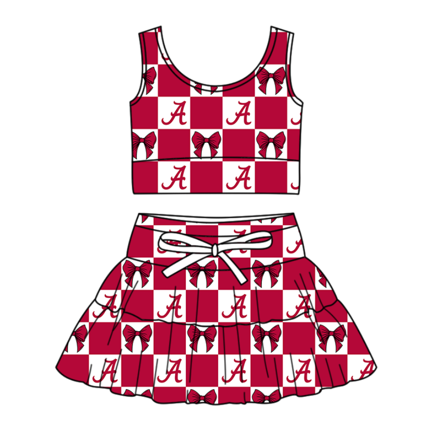 Preorder (moq 5)Baby Girls Red A Bows Checked Vests Skirt Short Team Clothes Sets