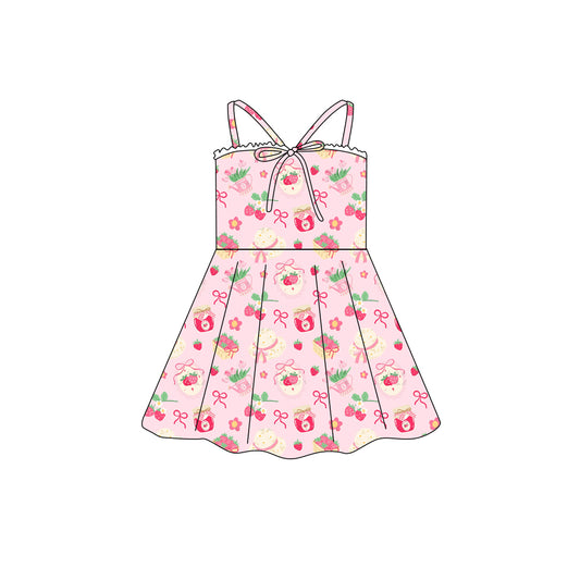 Preorder (moq 5)Baby Girls Strap Pink Strawberry Bow Top Knee Length Dresses