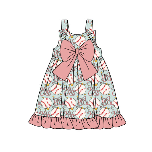 Preorder (moq 5)Baby Girls Strap Bows Baseballs Team Ruffle Knee Length Dresses