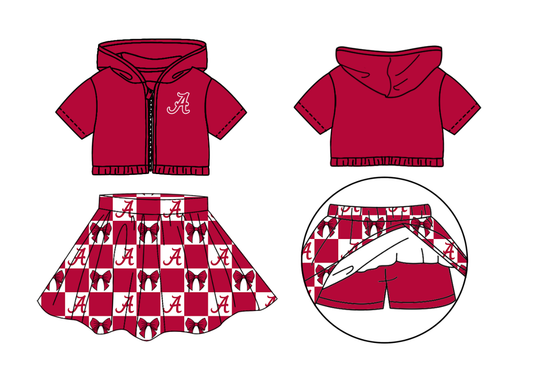 Preorder (moq 5)Baby Girls Red A Bows Zipper Hoodie Jackets Skirt Short Team Clothes Sets