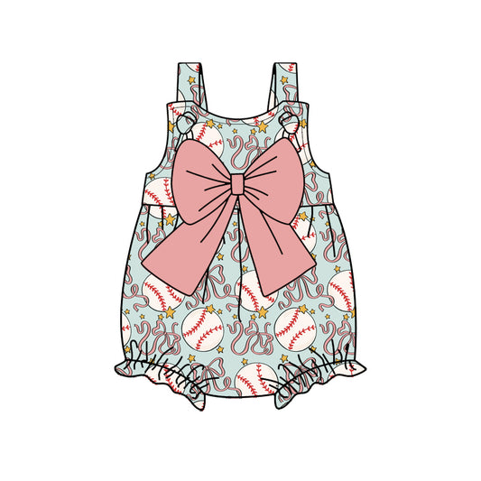 Preorder (moq 5)Baby Girls Strap Bows Baseballs Team Ruffle Rompers