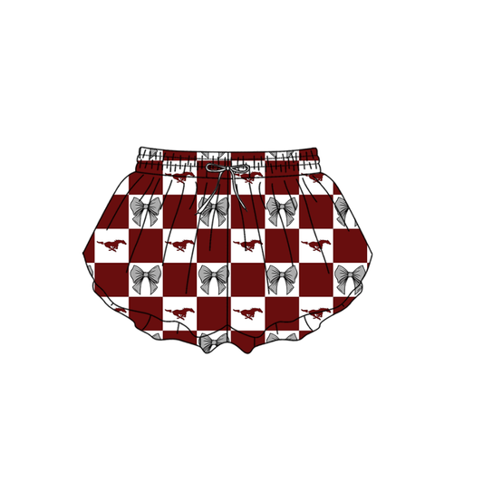 Preorder (moq 5)Baby Girls Red Horses Bows Checked Team Ruffle Shorts Bottom