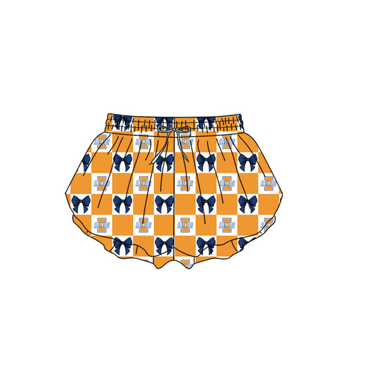 Preorder (moq 5)Baby Girls Orange Illinois Bows Checked Team Ruffle Shorts Bottom