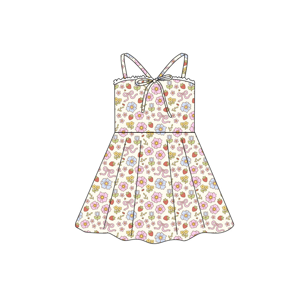 Preorder (moq 5)Baby Girls Strap Colorful Flowers Bow Top Knee Length Dresses