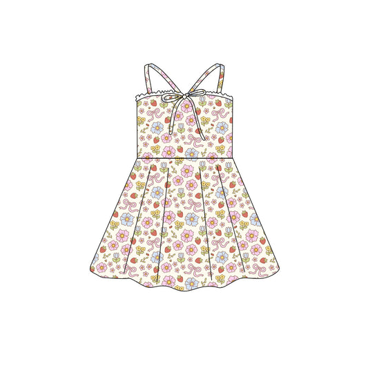 Preorder (moq 5)Baby Girls Strap Colorful Flowers Bow Top Knee Length Dresses