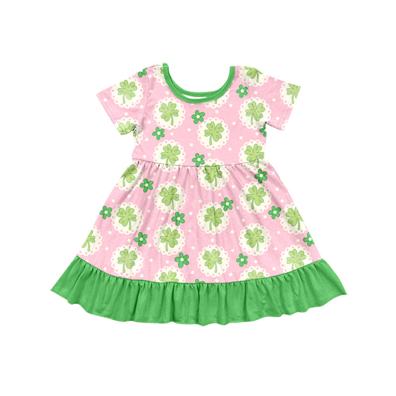 Preorder (moq 5)Baby Girls Flowers Clovers St Patrick Ruffle Knee Length Dresses