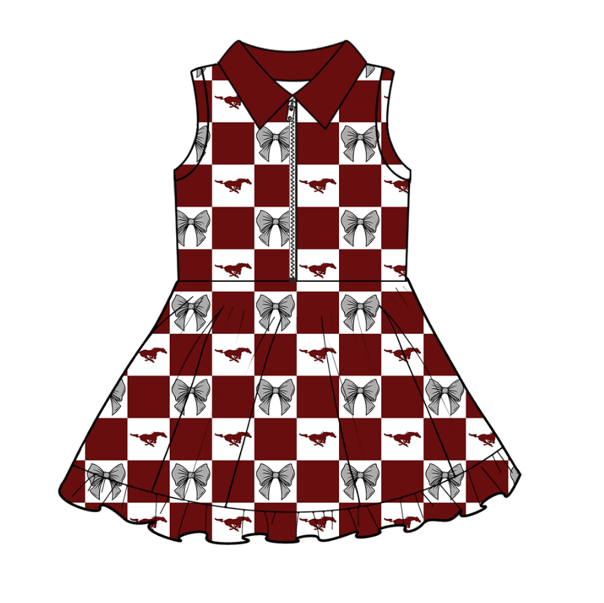 Preorder (moq 5)Baby Girls Red Horses Bows Checked Zipper Short Team Knee Length Dresses