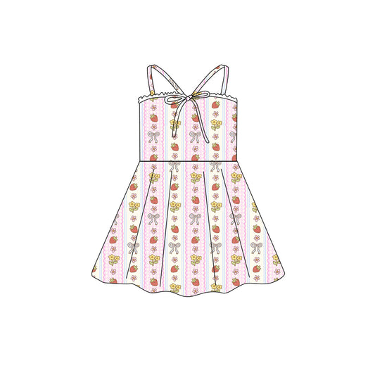 Preorder (moq 5)Baby Girls Strap Strawberry Flowers Stripe Bow Top Knee Length Dresses