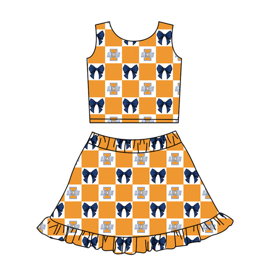 Preorder (moq 5)Baby Girls Orange Illinois Bows Checked Vest Ruffle Skirt Short Team Clothes Sets