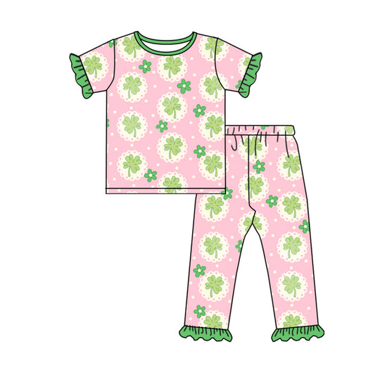 Preorder (moq 5)Baby Girls Flowers Clovers Top Ruffle Pants St Patrick Pajamas Sets