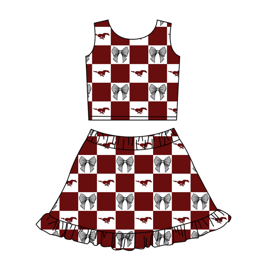Preorder (moq 5)Baby Girls Red Horses Bows Checked Vest Ruffle Skirt Short Team Clothes Set