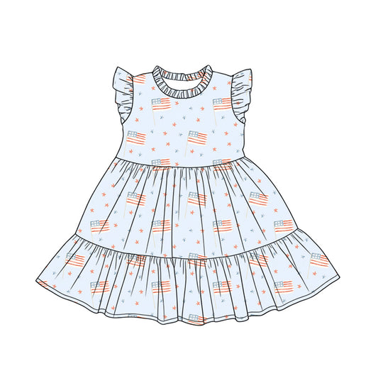 Preorder (moq 5)Baby Girls Flags Stars 4th of July Patchwork Knee Length Dresses