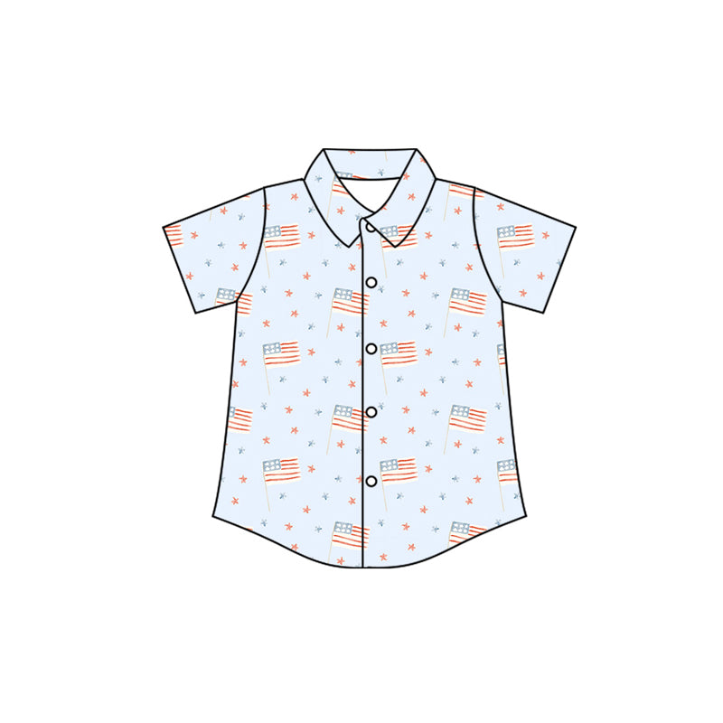 Preorder (moq 5)Baby Boys Short Sleeve Stars Flags 4th of July Button Shirts Top